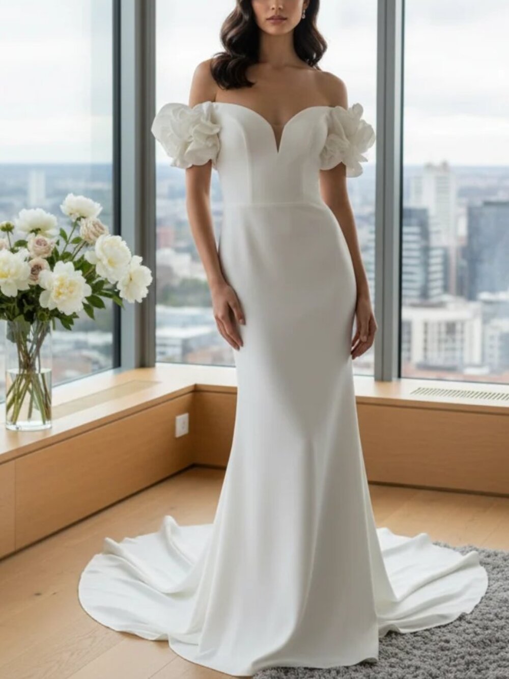 NEW MERMAID WEDDING DRESS. OFF WHITE SHORT SLEEVE STRETCH CREPE DESTINATION GOWN